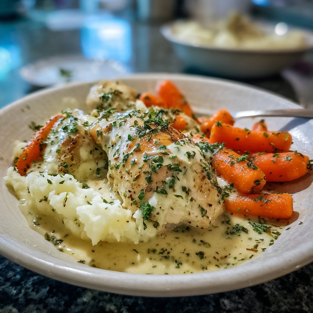Cremiges Kräuterhähnchen mit Kartoffelpüree und Honigglasierten Karotten