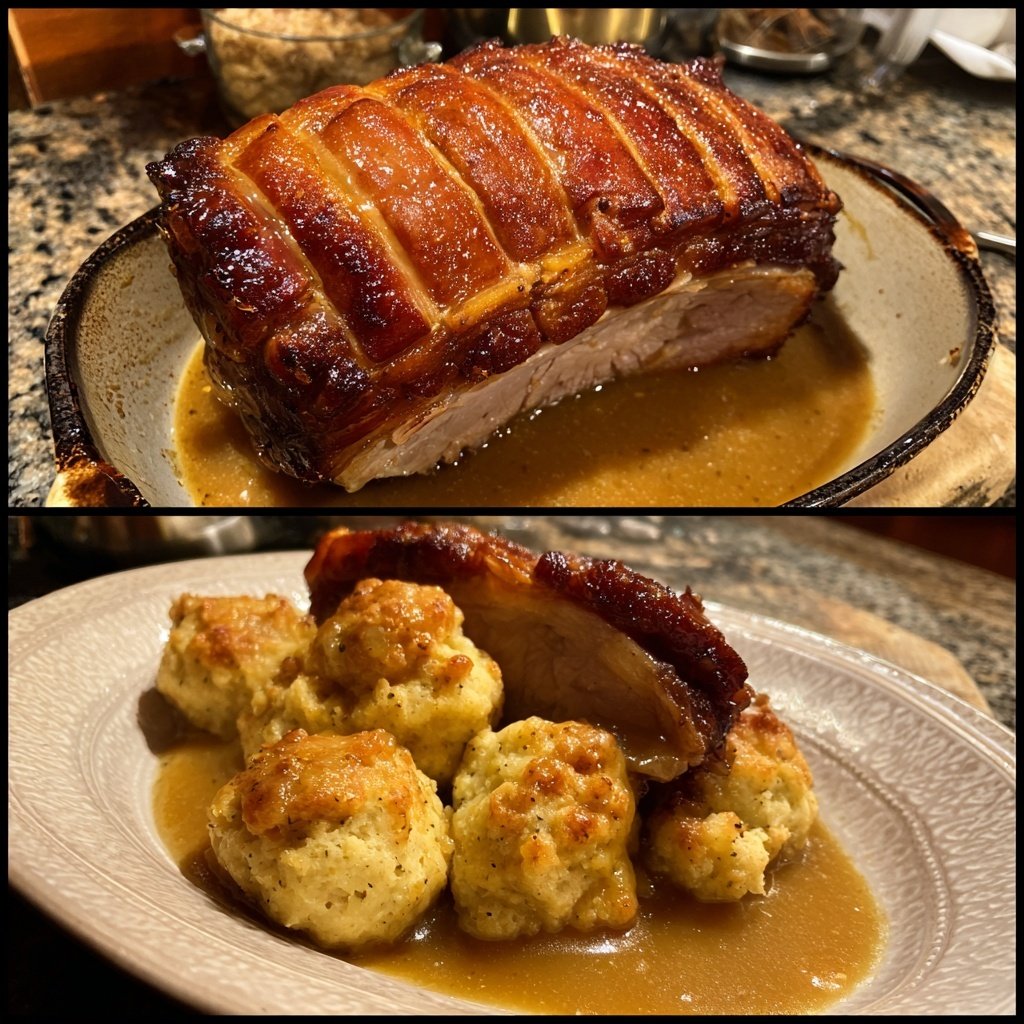 Schweinekrustenbraten mit Biersauce und Semmelknödeln​