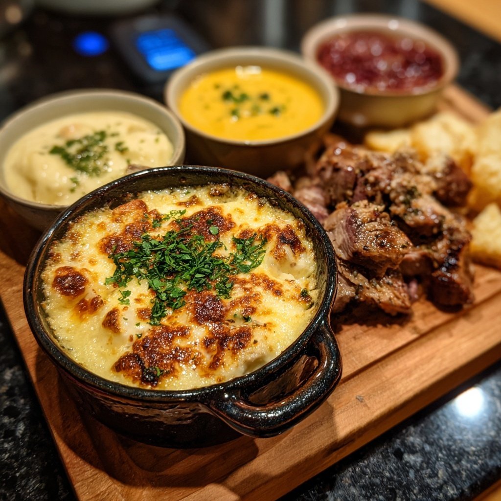 Weihnachtsfondue mit Rind, Geflügel und drei Dips​