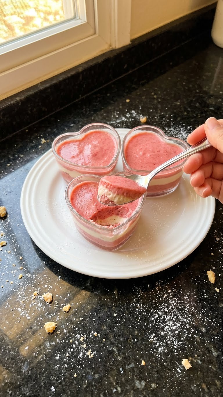 Herzförmige Erdbeer Pudding Schichtdesserts