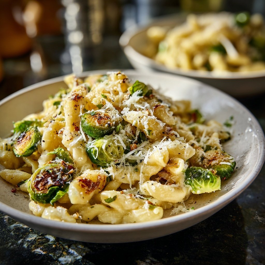 Pasta mit gebratenem Rosenkohl, Knoblauch und Parmesan