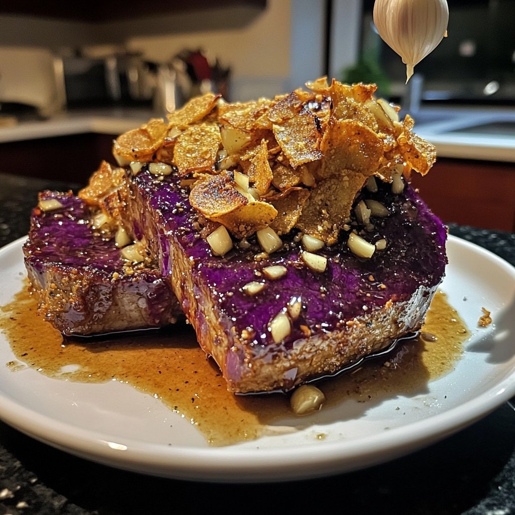 Rotkohl-Steaks mit Misobutter und Knoblauchchips