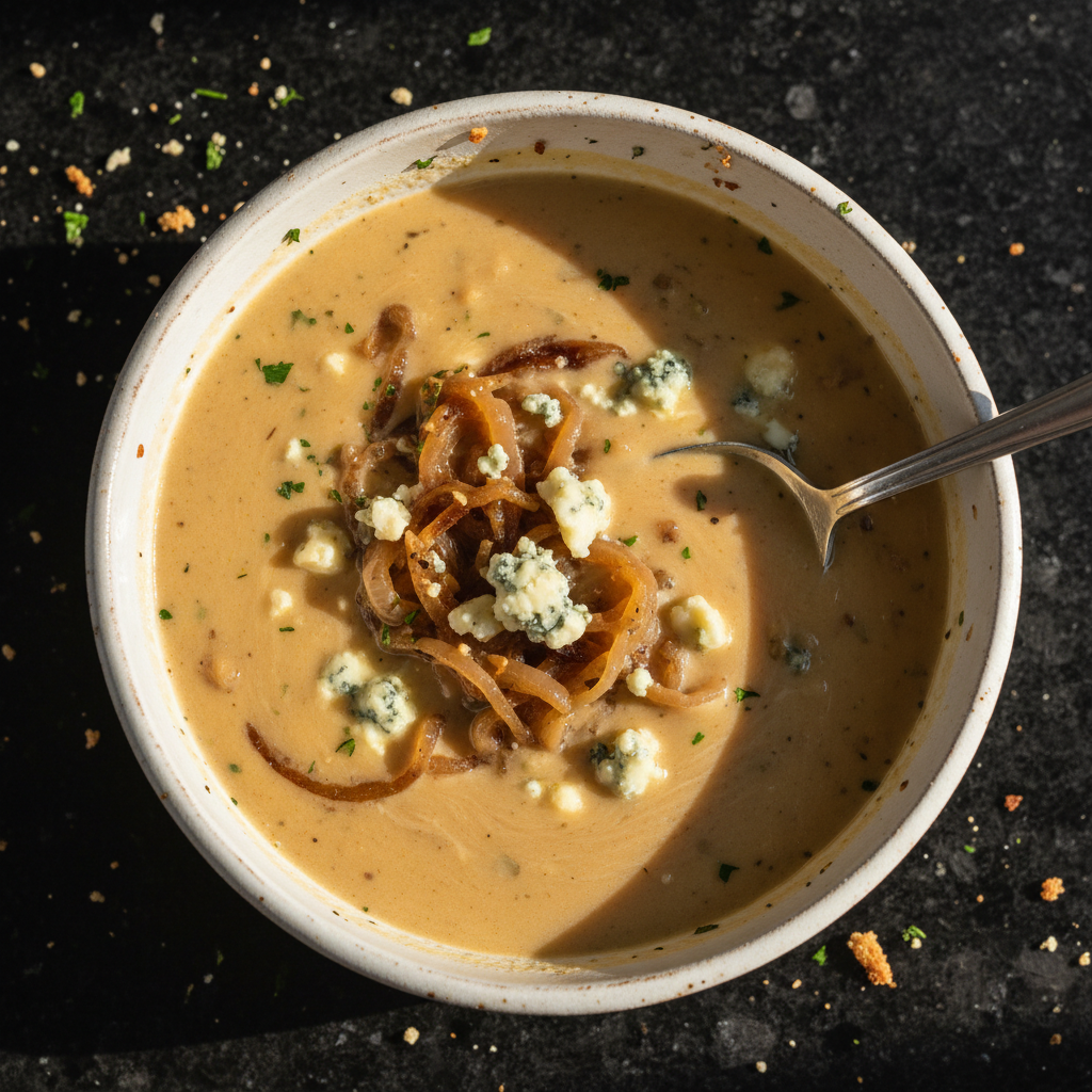 Karamellisierte Zwiebel und Blauschimmelkäse Suppe
