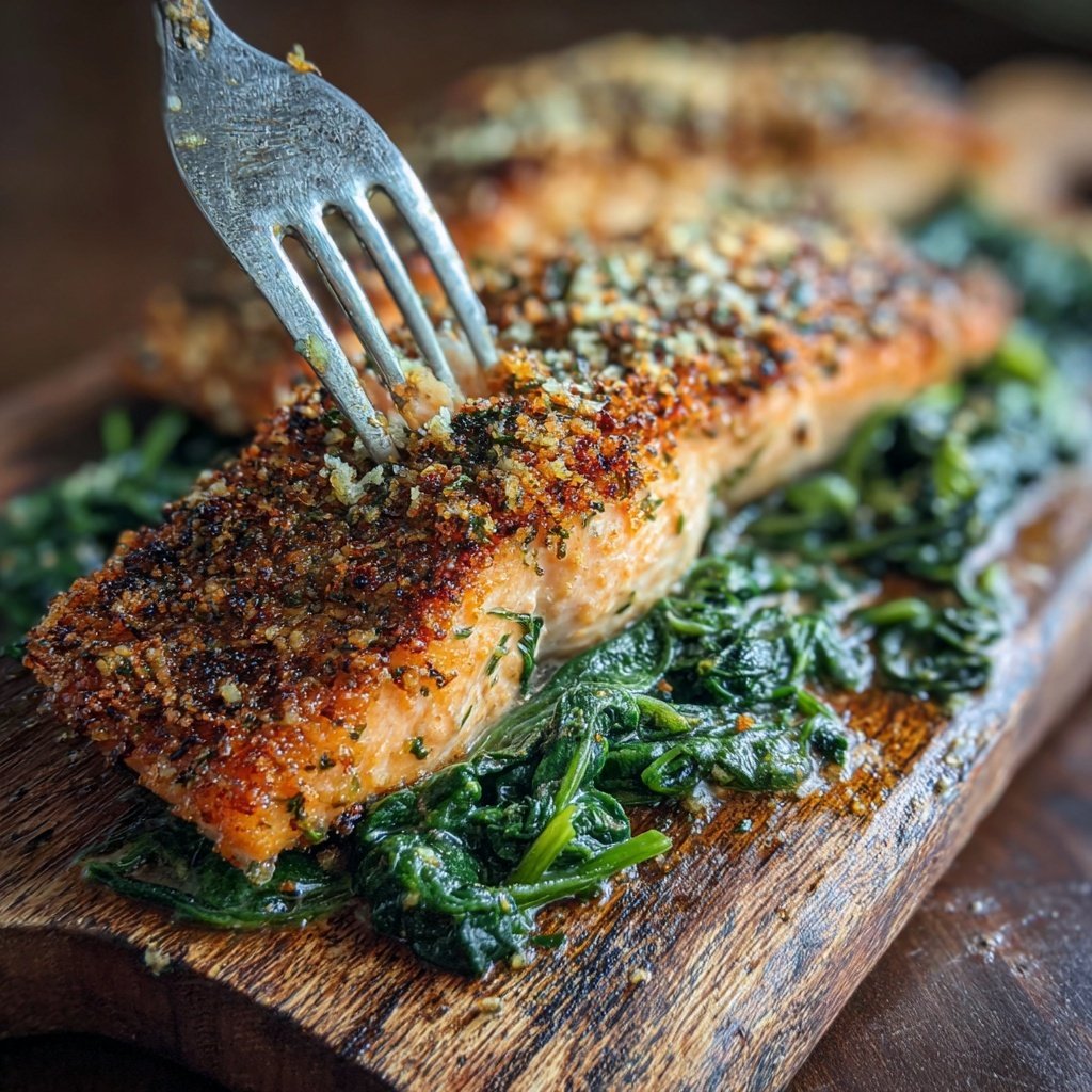 Pfannen-gebratener Lachs mit Knoblauch-Spinat