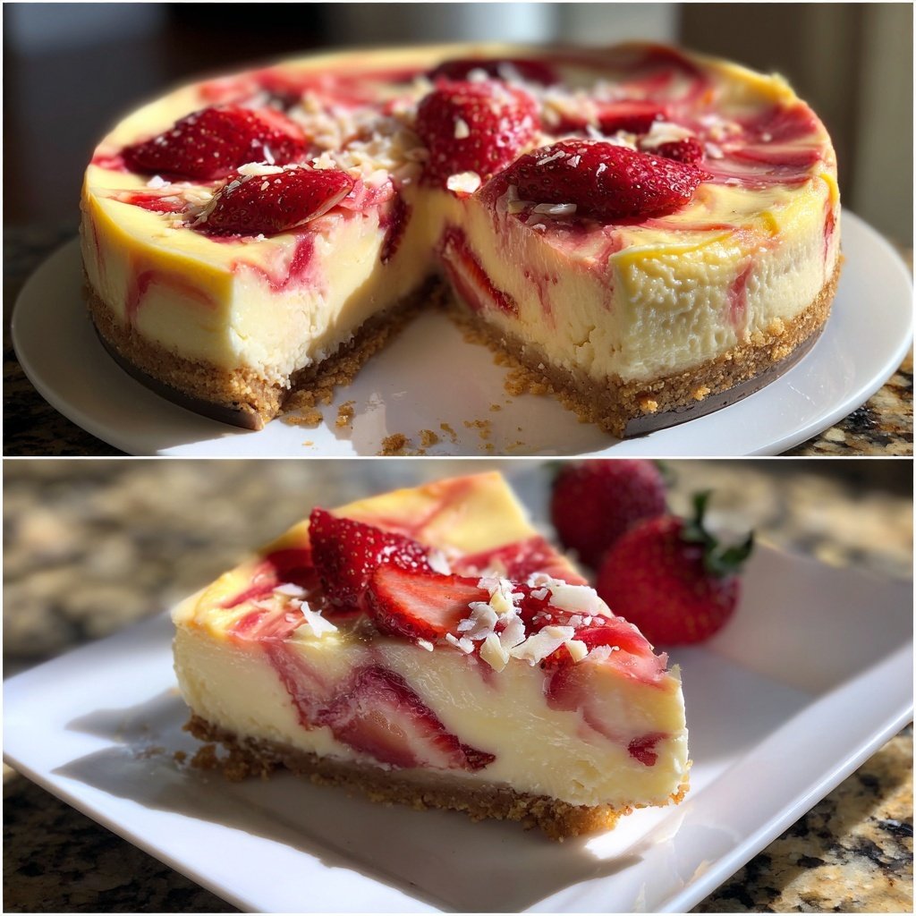 Tropischer Kokosnuss-Erdbeerkäsekuchen