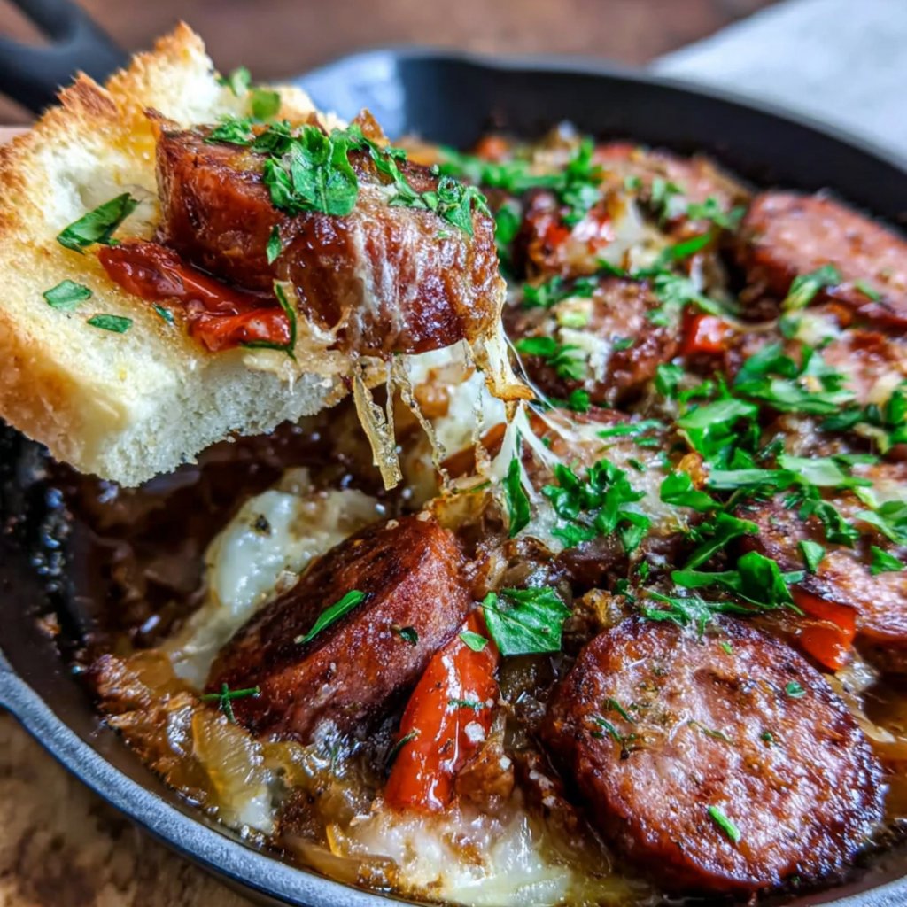 Blechgericht mit Wurst, Paprika und Zwiebeln